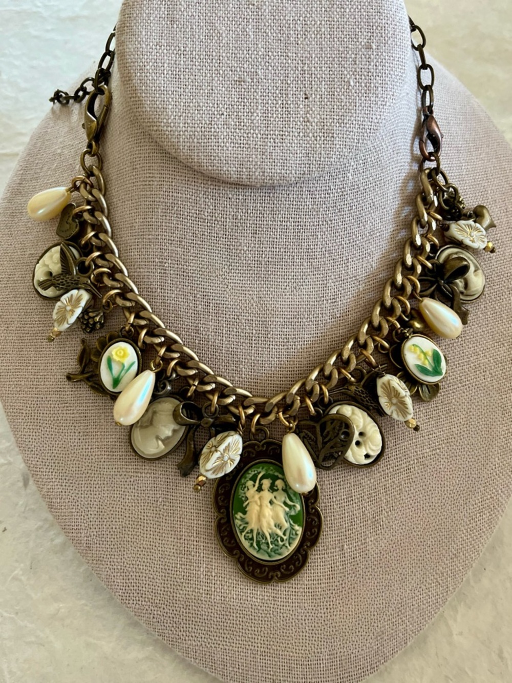 Victorian Inspired Cameos Charm Bracelet Three Graces Wedgwood Sage Green